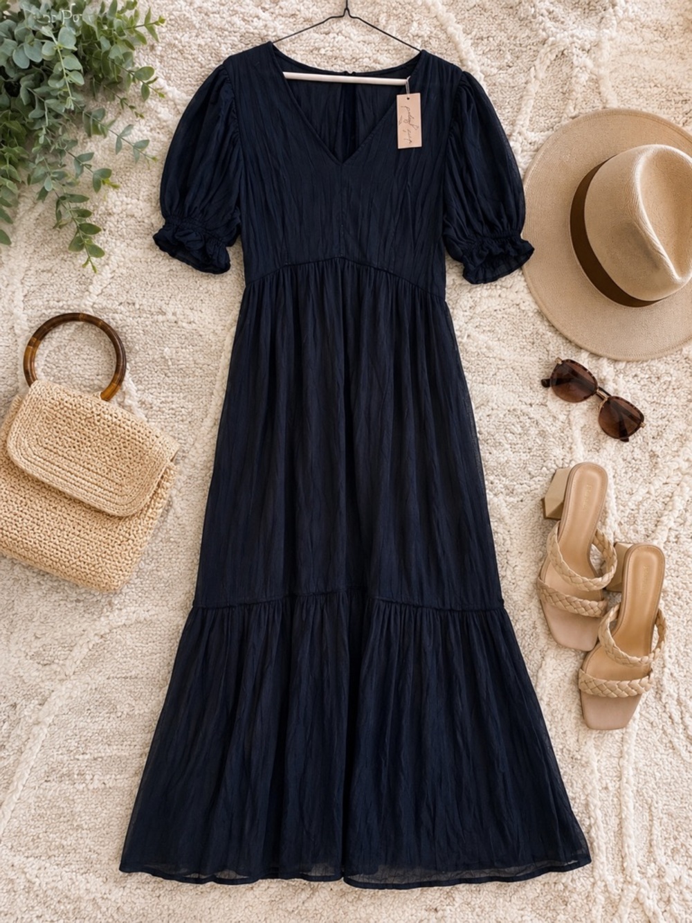 Petal & Pup Navy Puff Sleeve Tiered Maxi Dress NWT